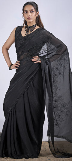 Black and Grey color Saree in Tissue fabric with Zircon work
