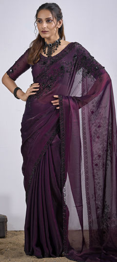 Purple and Violet color Saree in Tissue fabric with Zircon work