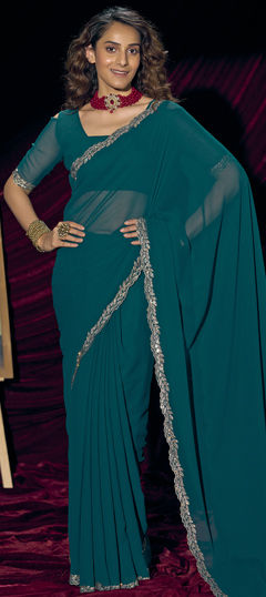 Green color Saree in Georgette fabric with Zircon work