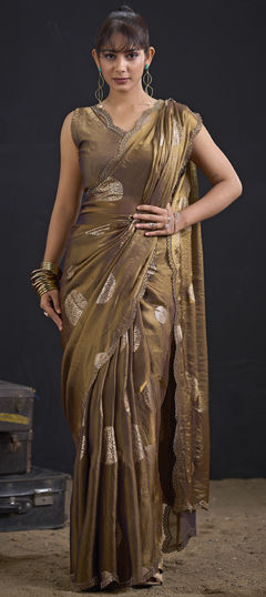 Beige and Brown color Saree in Tissue fabric with Zircon work