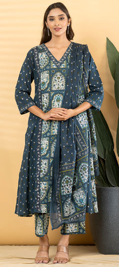 Blue color Salwar Kameez in Cotton fabric with Cut Dana, Floral, Printed work