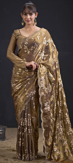 Beige and Brown color Saree in Tissue fabric with Zircon work