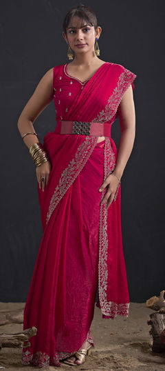 Pink and Majenta color Saree in Tissue fabric with Zircon work