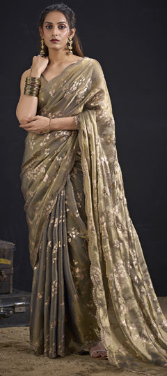 Black and Grey color Saree in Tissue fabric with Zircon work
