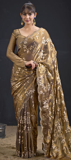 Beige and Brown color Saree in Tissue fabric with Zircon work