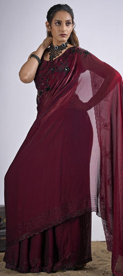 Red and Maroon color Saree in Tissue fabric with Sequence, Zircon work