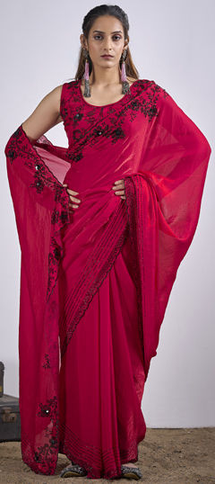 Pink and Majenta color Saree in Tissue fabric with Sequence, Zircon work