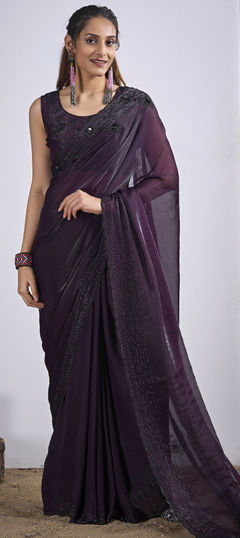 Purple and Violet color Saree in Tissue fabric with Sequence, Zircon work