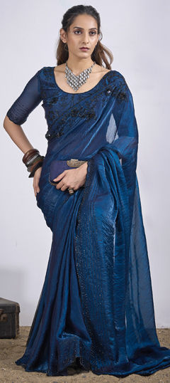 Blue color Saree in Tissue fabric with Sequence, Zircon work