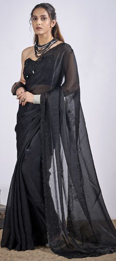 Black and Grey color Saree in Tissue fabric with Sequence, Zircon work
