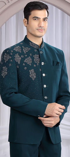 Green color Blazer in Viscose fabric with Bugle Beads work