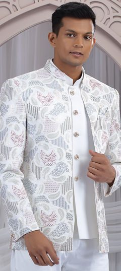 White and Off White color Blazer in Art Silk fabric with Embroidered, Sequence work