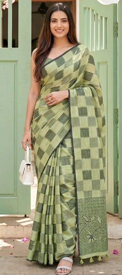 Green color Saree in Cotton, Linen fabric with Weaving work