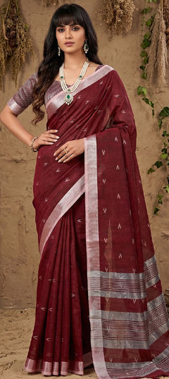 Red and Maroon color Saree in Cotton, Linen fabric with Weaving work