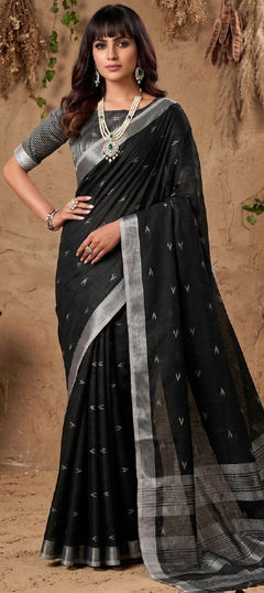 Black and Grey color Saree in Cotton, Linen fabric with Weaving work