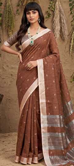 Beige and Brown color Saree in Cotton, Linen fabric with Weaving work