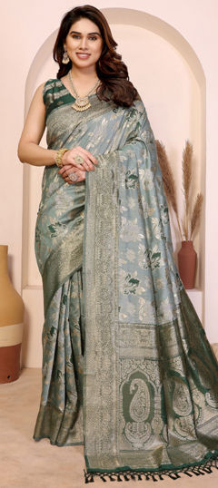 Green color Saree in Cotton fabric with Weaving, Zari work