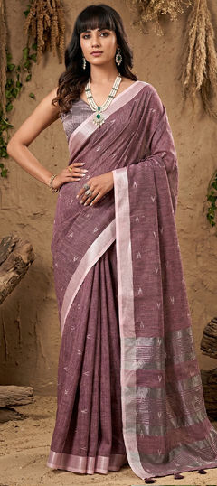 Purple and Violet color Saree in Cotton, Linen fabric with Weaving work