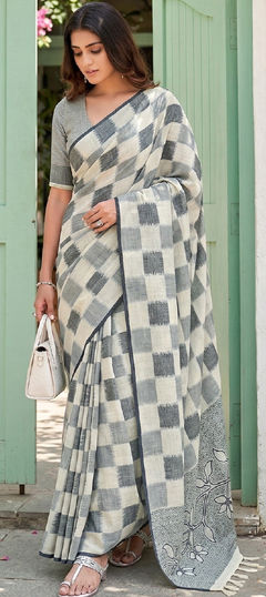 White and Off White color Saree in Cotton, Linen fabric with Weaving work