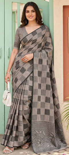 Beige and Brown color Saree in Cotton, Linen fabric with Weaving work