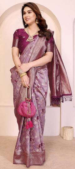 Purple and Violet color Saree in Cotton fabric with Weaving, Zari work