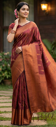 Red and Maroon color Saree in Blended, Silk fabric with Weaving work