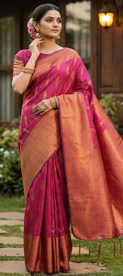 Pink and Majenta color Saree in Blended, Silk fabric with Weaving work