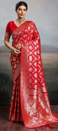 Red and Maroon color Saree in Blended fabric with Weaving work