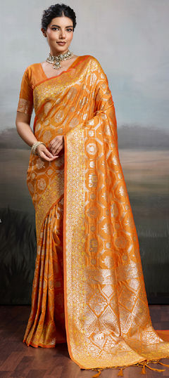 Orange color Saree in Blended fabric with Weaving work