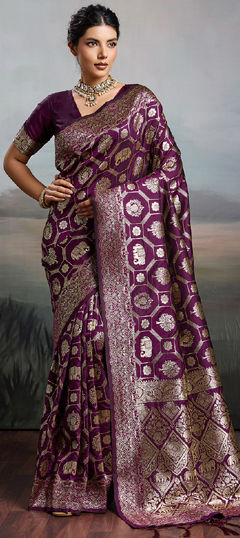 Purple and Violet color Saree in Blended, Silk fabric with Weaving work