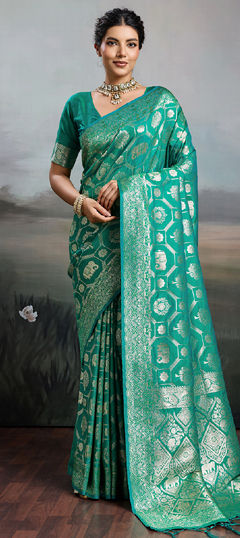 Green color Saree in Blended, Silk fabric with Weaving work