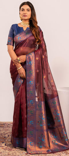 Purple and Violet color Saree in Tissue fabric with Weaving work