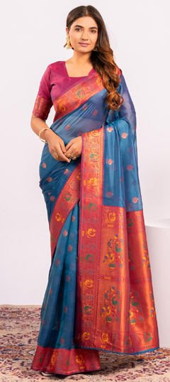 Blue color Saree in Tissue fabric with Weaving work