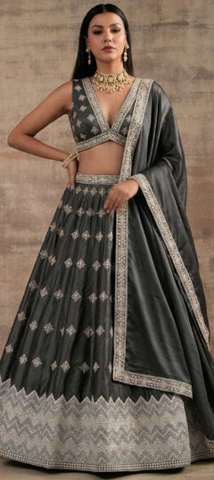 Black and Grey color Lehenga in Satin Silk fabric with Resham, Sequence, Thread, Zari work