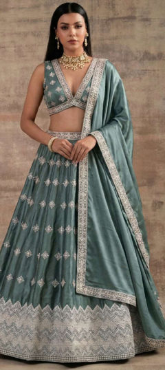 Green color Lehenga in Satin Silk fabric with Resham, Sequence, Thread, Zari work