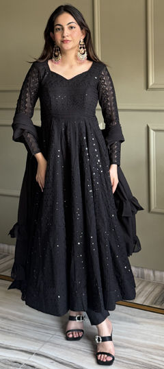 Black and Grey color Salwar Kameez in Faux Georgette fabric with Sequence, Thread work
