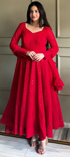 Pink and Majenta color Salwar Kameez in Faux Georgette fabric with Sequence, Thread work
