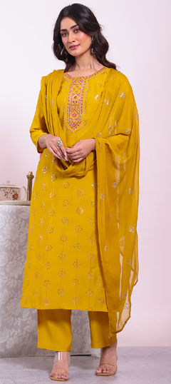 Yellow color Salwar Kameez in Poly Silk fabric with Embroidered, Sequence, Zari work