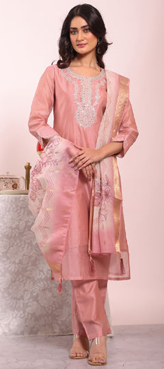 Pink and Majenta color Salwar Kameez in Poly Silk fabric with Embroidered, Sequence, Weaving, Zari work