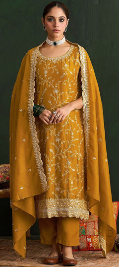Yellow color Salwar Kameez in Silk fabric with Embroidered, Sequence work