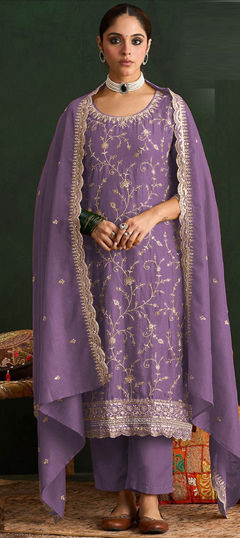 Purple and Violet color Salwar Kameez in Silk fabric with Embroidered, Sequence work