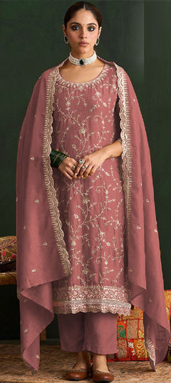 Pink and Majenta color Salwar Kameez in Silk fabric with Embroidered, Sequence work