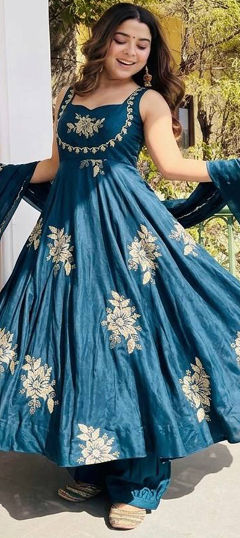 Blue color Salwar Kameez in Tissue fabric with Embroidered, Sequence work