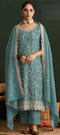 Blue color Salwar Kameez in Silk fabric with Embroidered, Sequence work