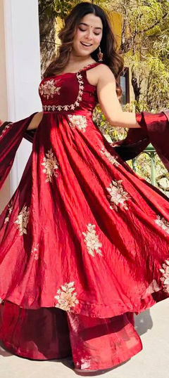 Red and Maroon color Salwar Kameez in Tissue fabric with Embroidered, Sequence work