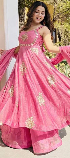 Pink and Majenta color Salwar Kameez in Tissue fabric with Embroidered, Sequence work