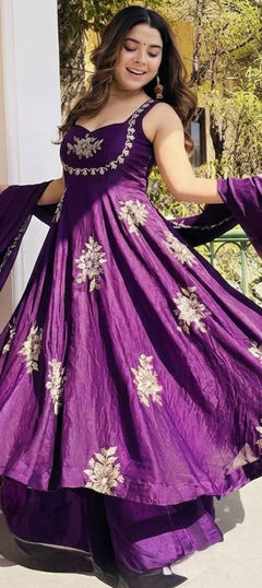 Purple and Violet color Salwar Kameez in Tissue fabric with Embroidered, Sequence work