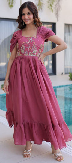 Pink and Majenta color Gown in Mul Chanderi fabric with Bugle Beads, Embroidered work