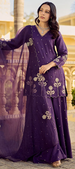 Purple and Violet color Salwar Kameez in Chanderi Silk fabric with Embroidered, Thread work
