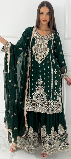 Green color Salwar Kameez in Chinon Silk fabric with Embroidered, Moti, Sequence work